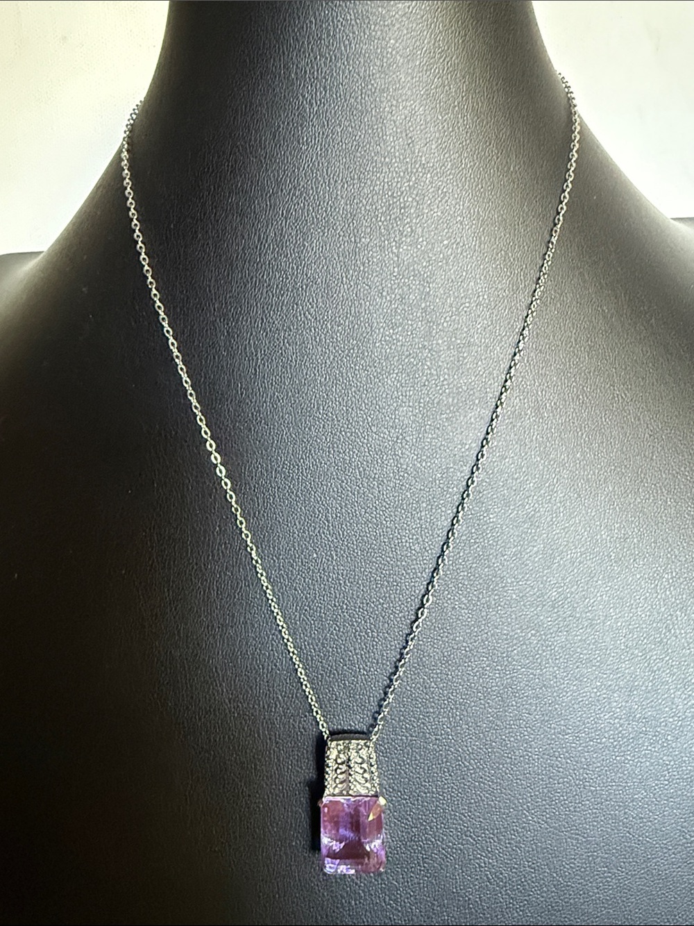 Silver  tone Necklace with Rectangular Light Purple Gem Pendant